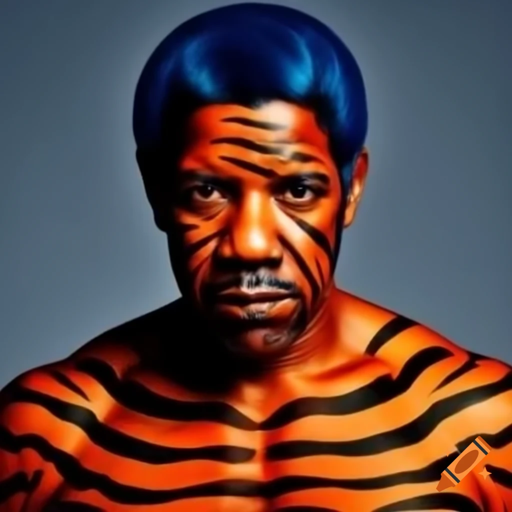 Muscular figure with tiger-style makeup featuring blue hair and orange skin