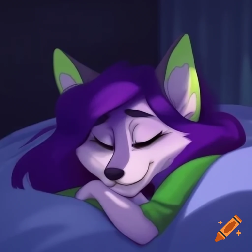 Whimsical purple and green-haired wolf with Disney-style features gazing at bed