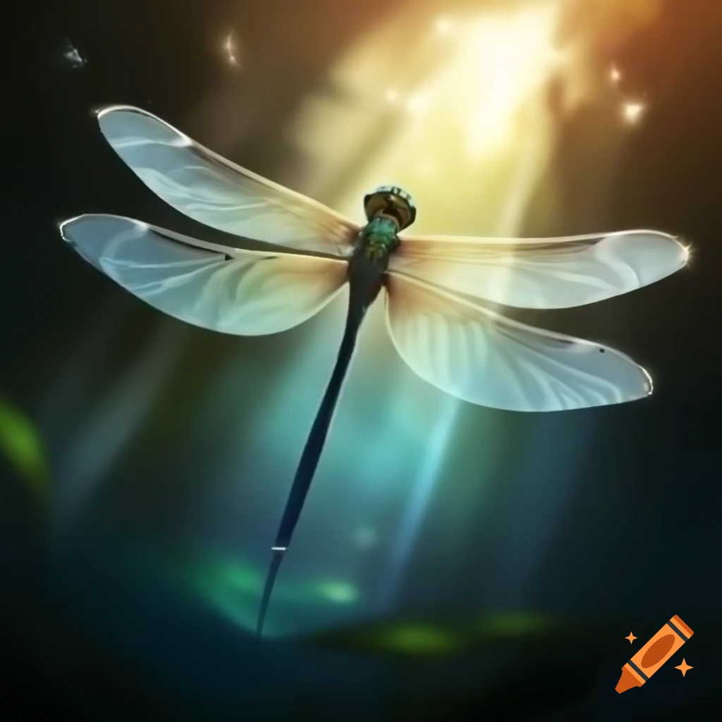 Radiant dragonfly shimmering in sunlight with compass, embarking on a mystical journey