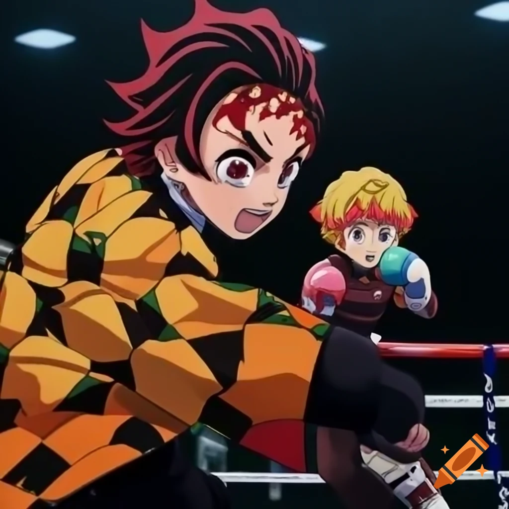 Tanjiro and Zenitsu boxing in a ring