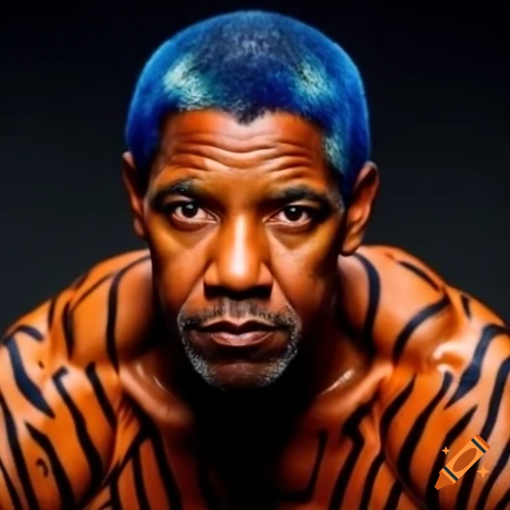 Muscular figure with tiger makeup and blue hair, black stripes and orange skin