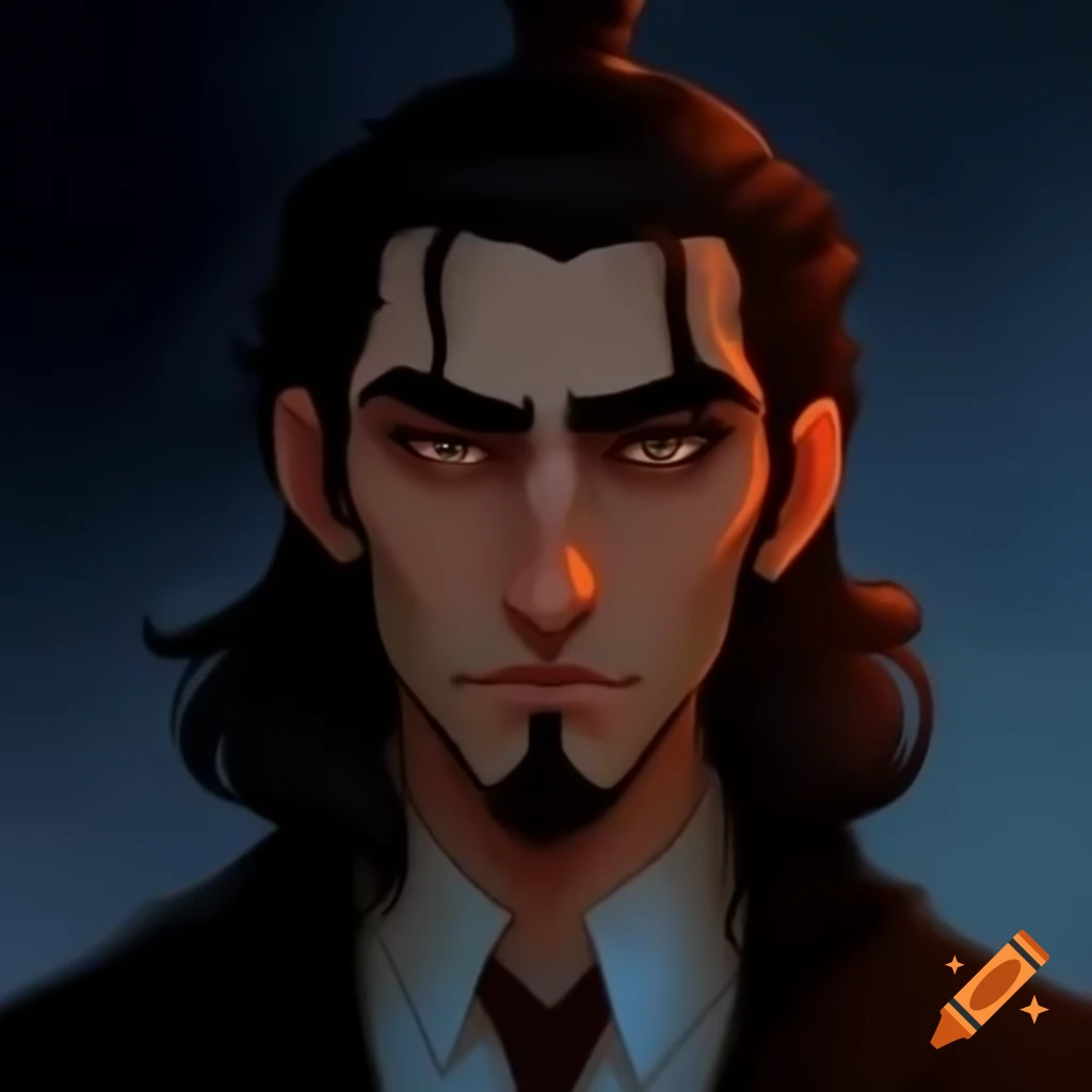 Anime portrait of a man with dark brown hair and stern expression