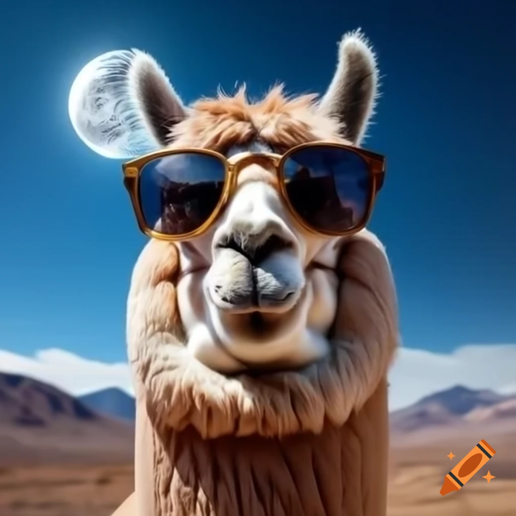 Llama with sunglasses traveling towards the moon