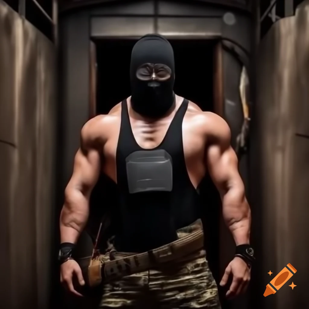 Muscular rebel fighter in camo shorts and tank top, armed with a bow at trench entrance, side view