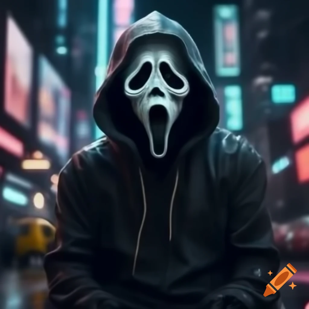 Robot GhostFace in a vibrant Cyberpunk city
