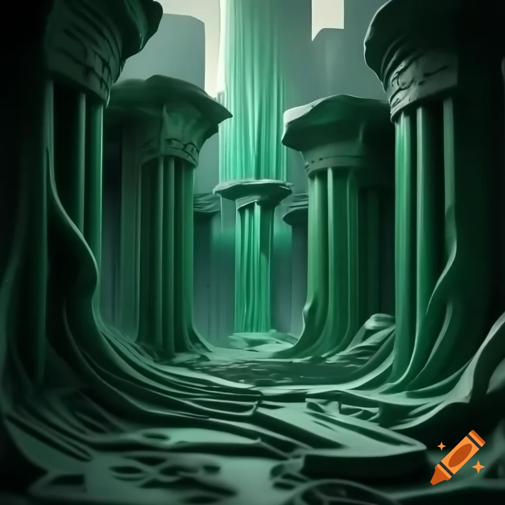 Strange malachite hoodoos in a dead cityscape, intricately carved with fluid shapes