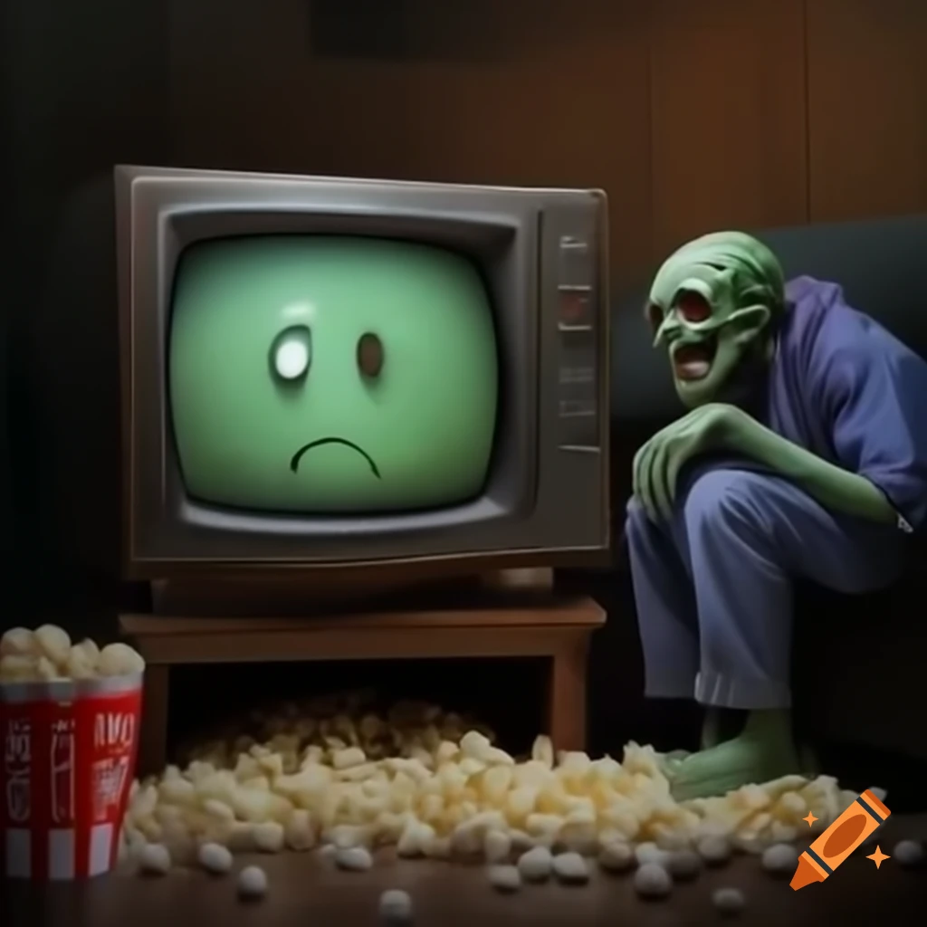 Zombie watching television with popcorn beside it