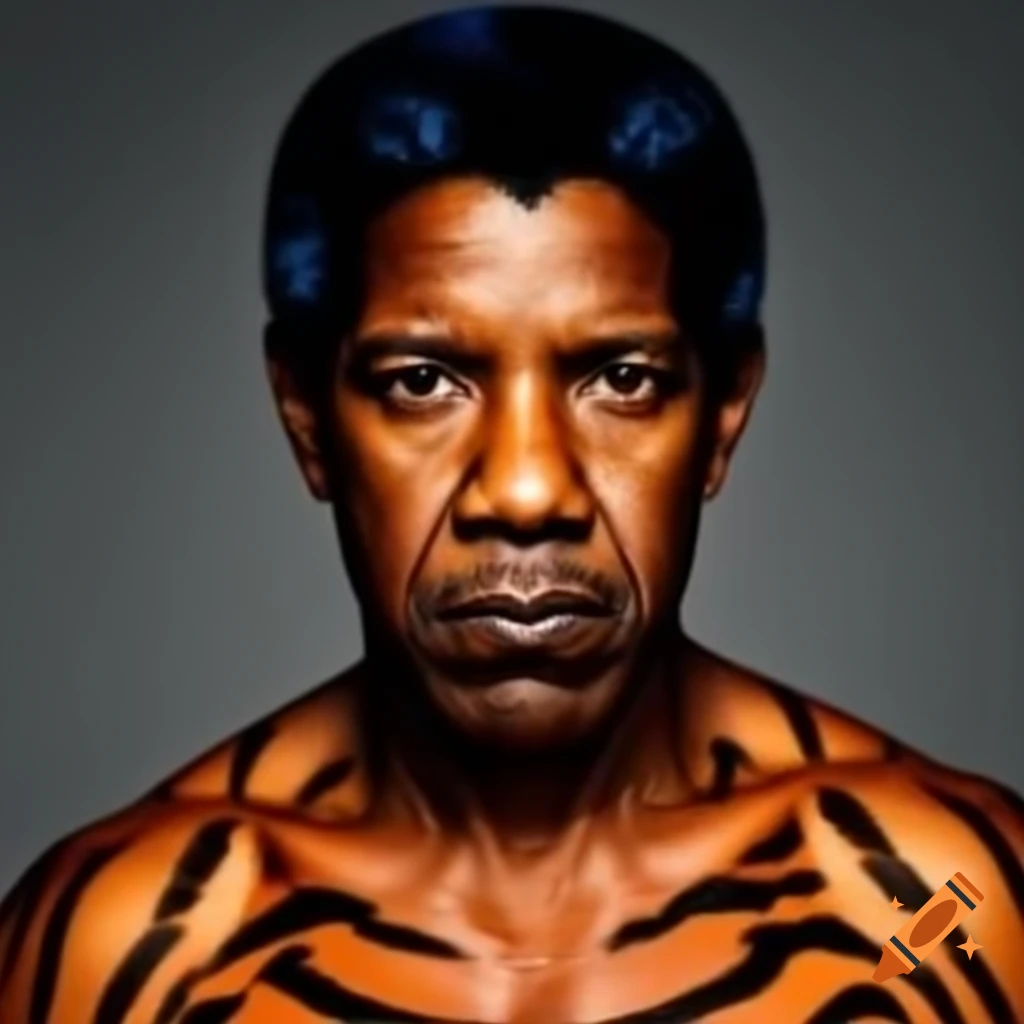 Muscular figure with tiger-style makeup featuring blue hair and orange skin