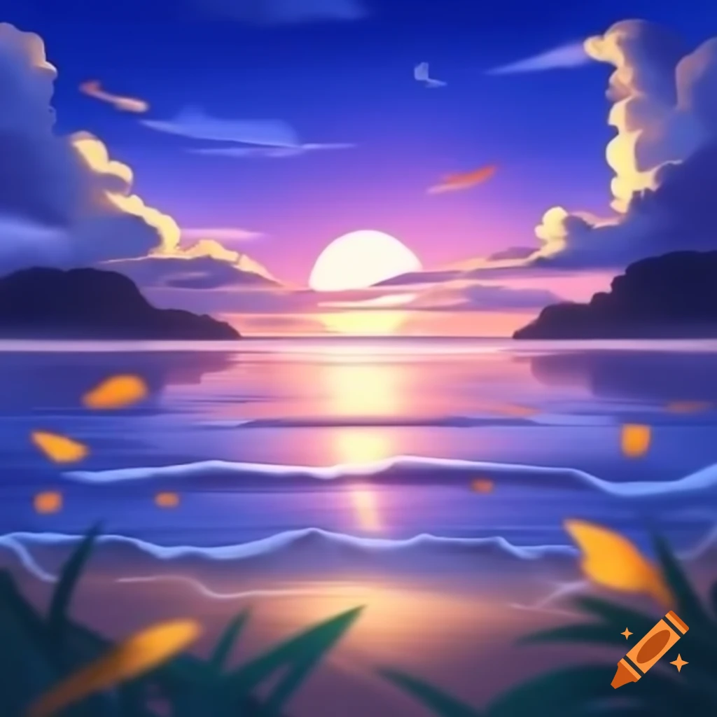 Surreal scene with golden leaves falling into purple ocean and three moons