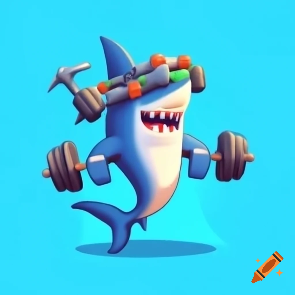 Cartoon hammerhead shark lifting dumbbells on its head