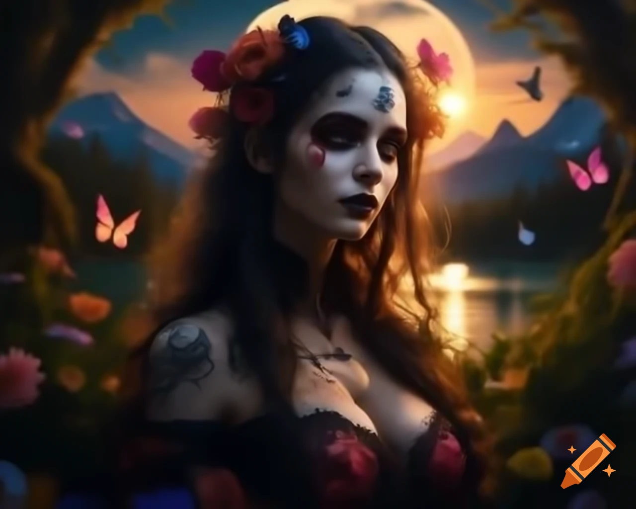 Hyperrealistic octane render of Gothic woman with floral and butterfly hair decoration