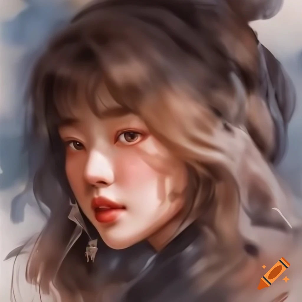 Detailed digital watercolor portrait of a charming Korean woman inspired by Rembrandt
