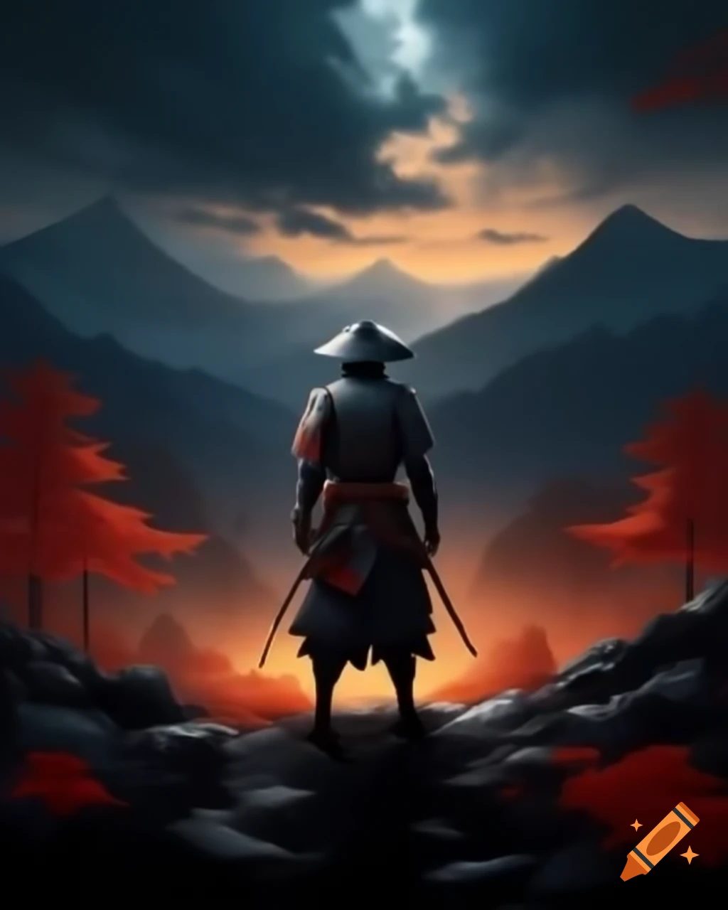 Wandering samurai overlooking mountain forest in evening, dark fantasy atmosphere