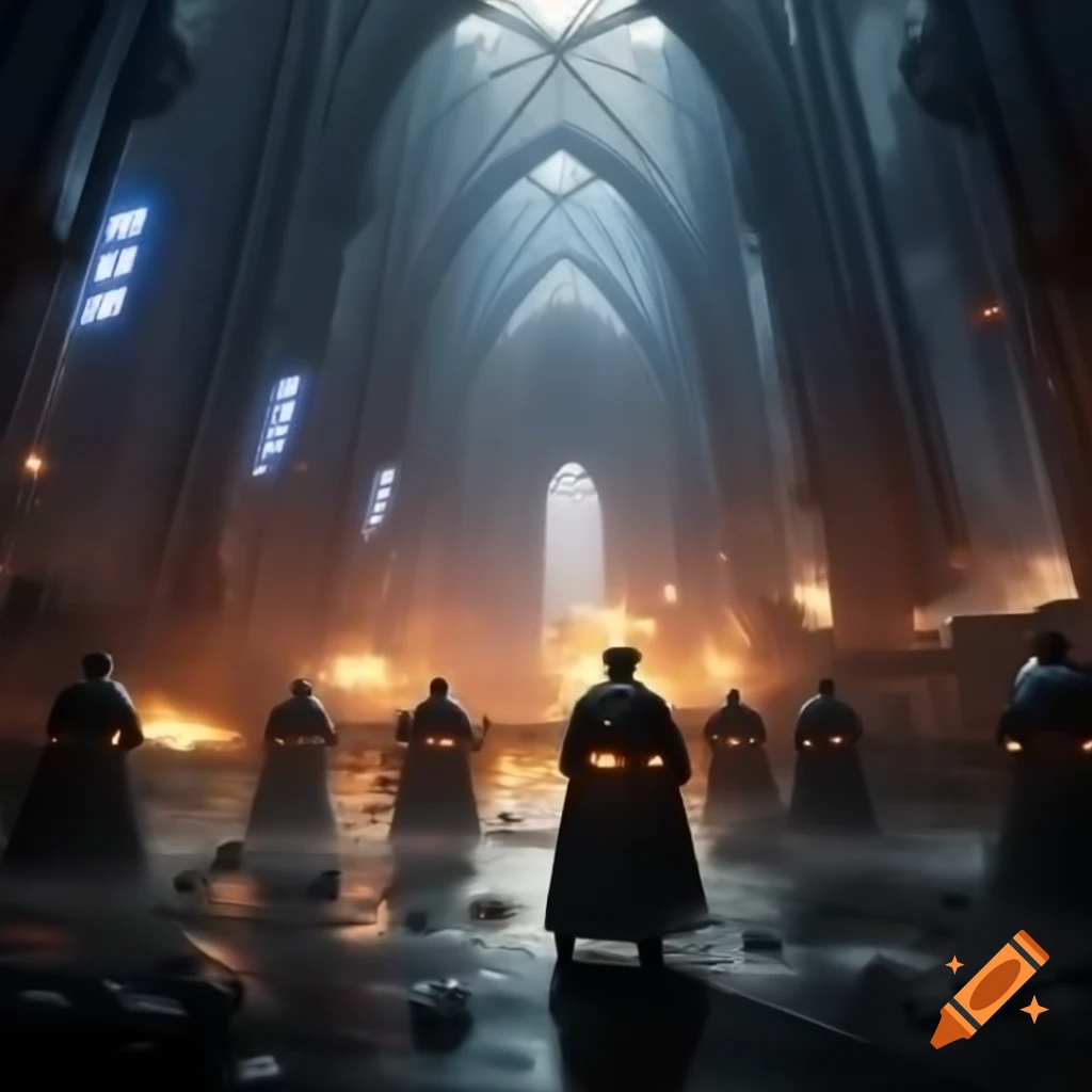 Futuristic scene of Timelords battling in a cathedral-like interior with explosions