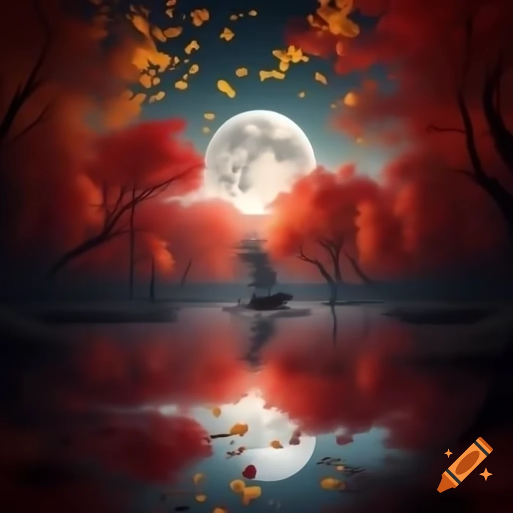 Autumn trees with red and yellow leaves by a calm lake under full moon