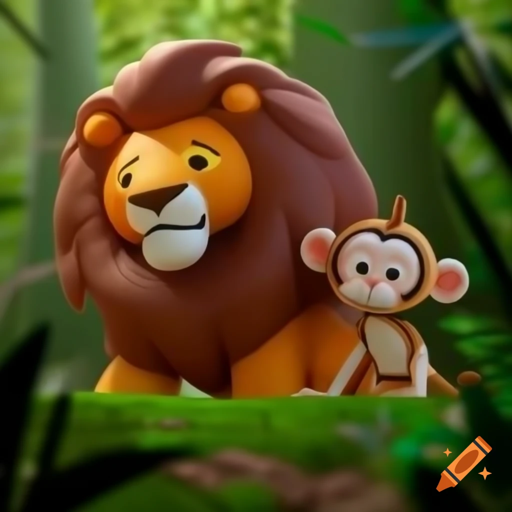 3D Pixar-style lion and monkey in a forest, adventure theme