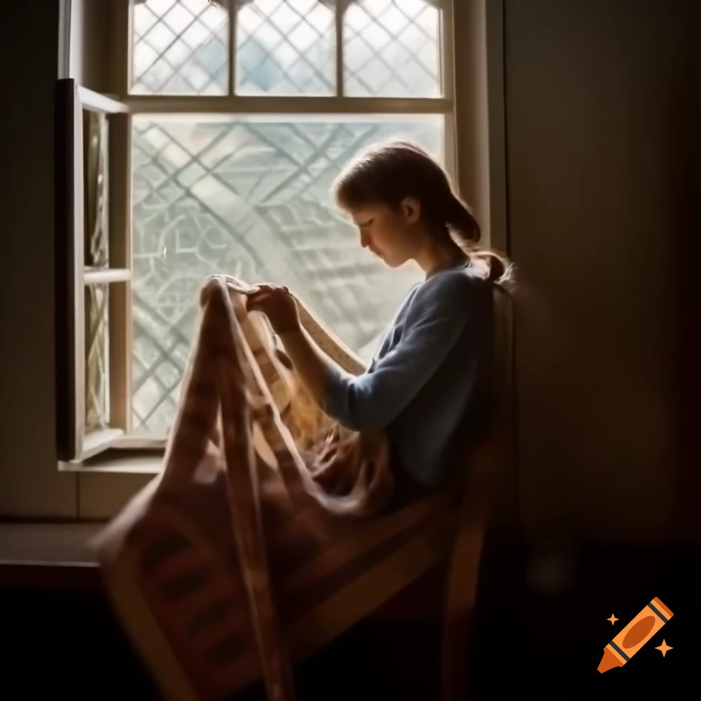 Hand crocheting an elaborate blanket with sunlight through intricately woven window
