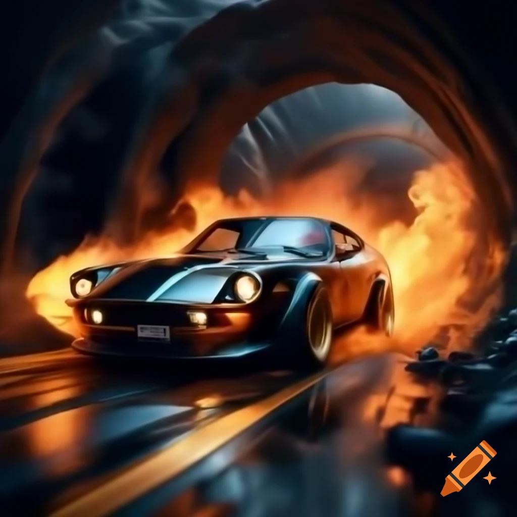 Super Fractal Dream Gold Trimmed Datsun Time Travelling Car speeding through time leaving fire trail