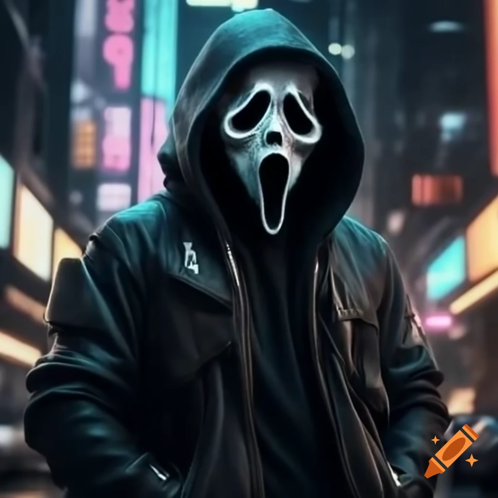 GhostFace in cyberpunk attire within a futuristic city