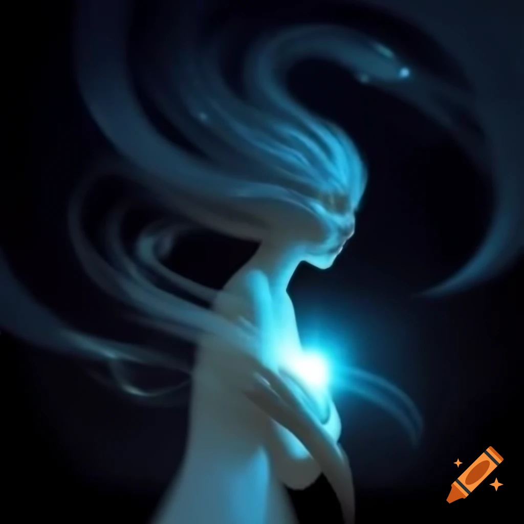 Lady Aegeritella glowing in moonlight with swirling tendrils