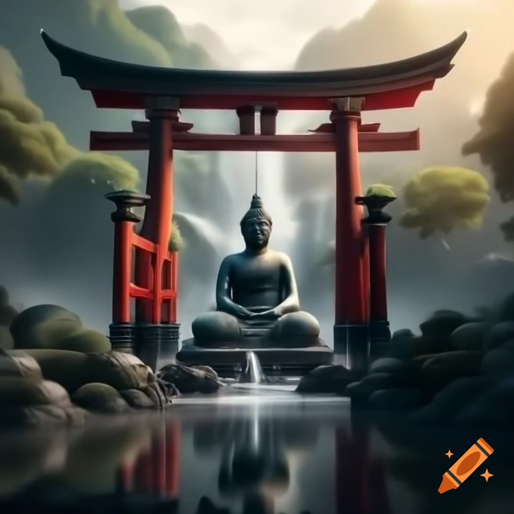 Buddha statue under torii gate with waterfall in the background