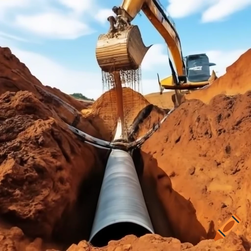 Excavator digging trench for laying concrete pipes