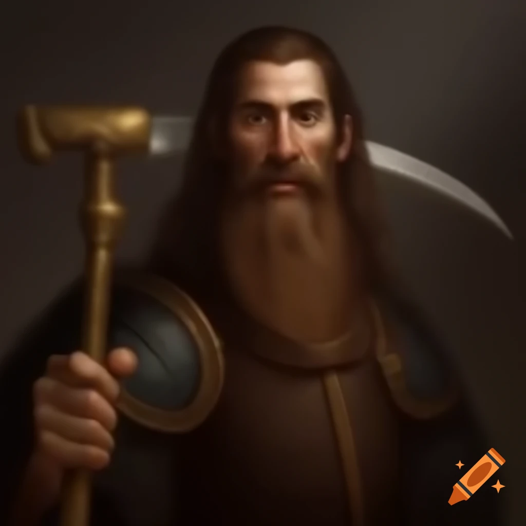Portrait of Alfred Molina as medieval alchemist holding brass sickle