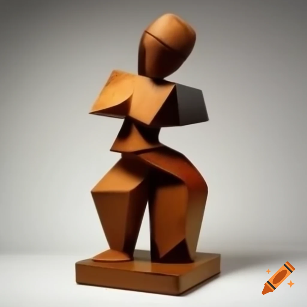 Cubist sculpture of a female figure crafted from rough painted wood