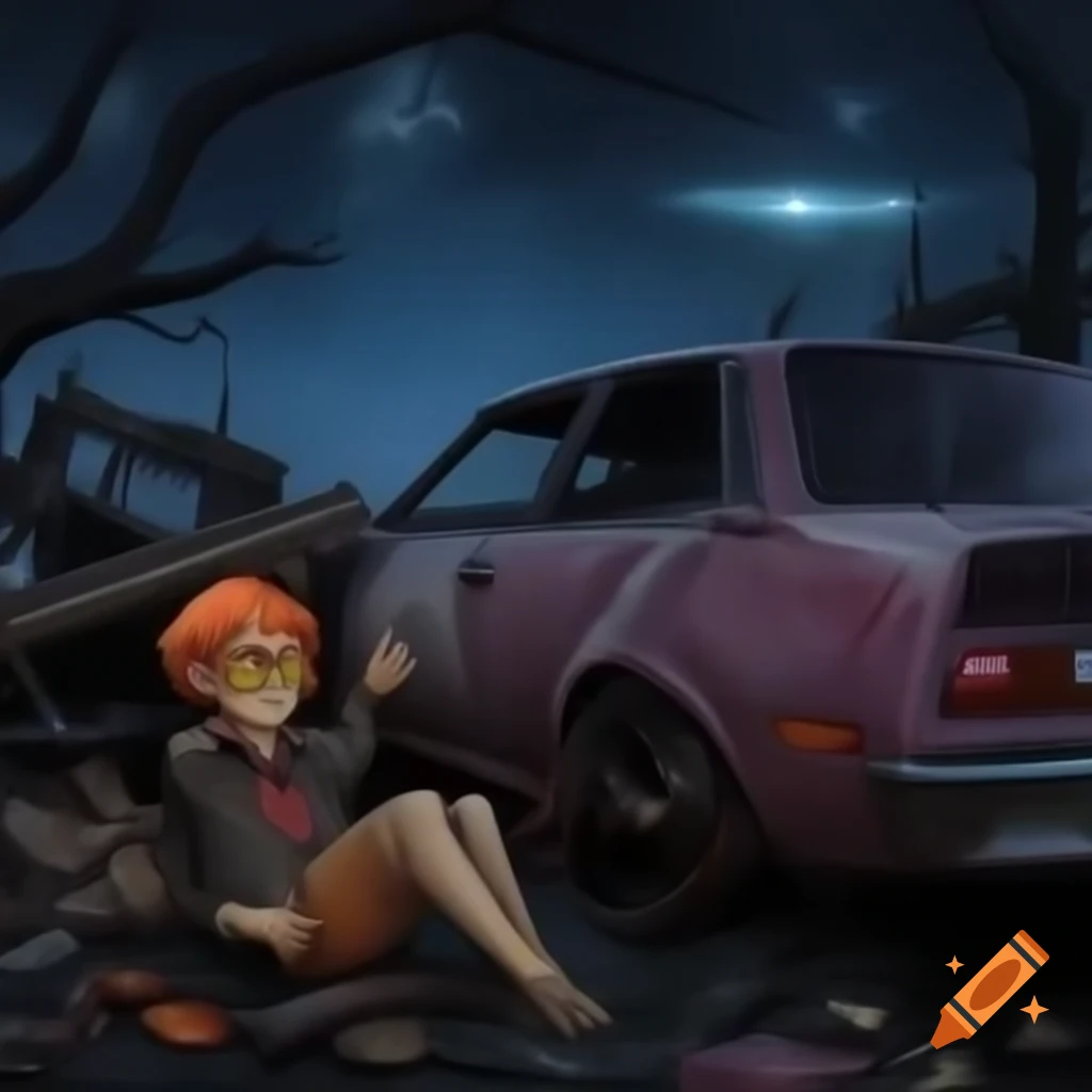 Robin Hamilton Maule fixing a 1970s yellow vehicle in a haunted junkyard at night