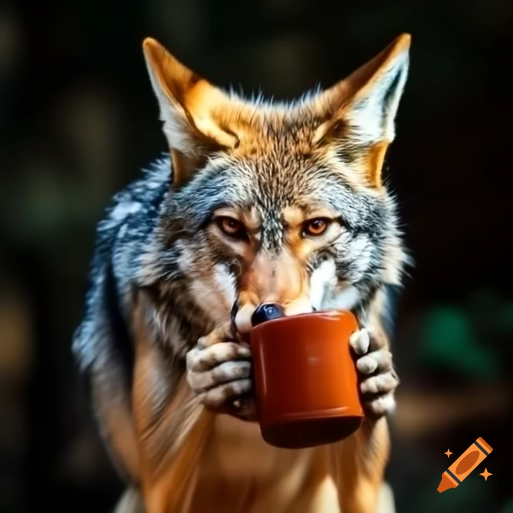 Coyote with eyepatch drinking from cracked brown mug