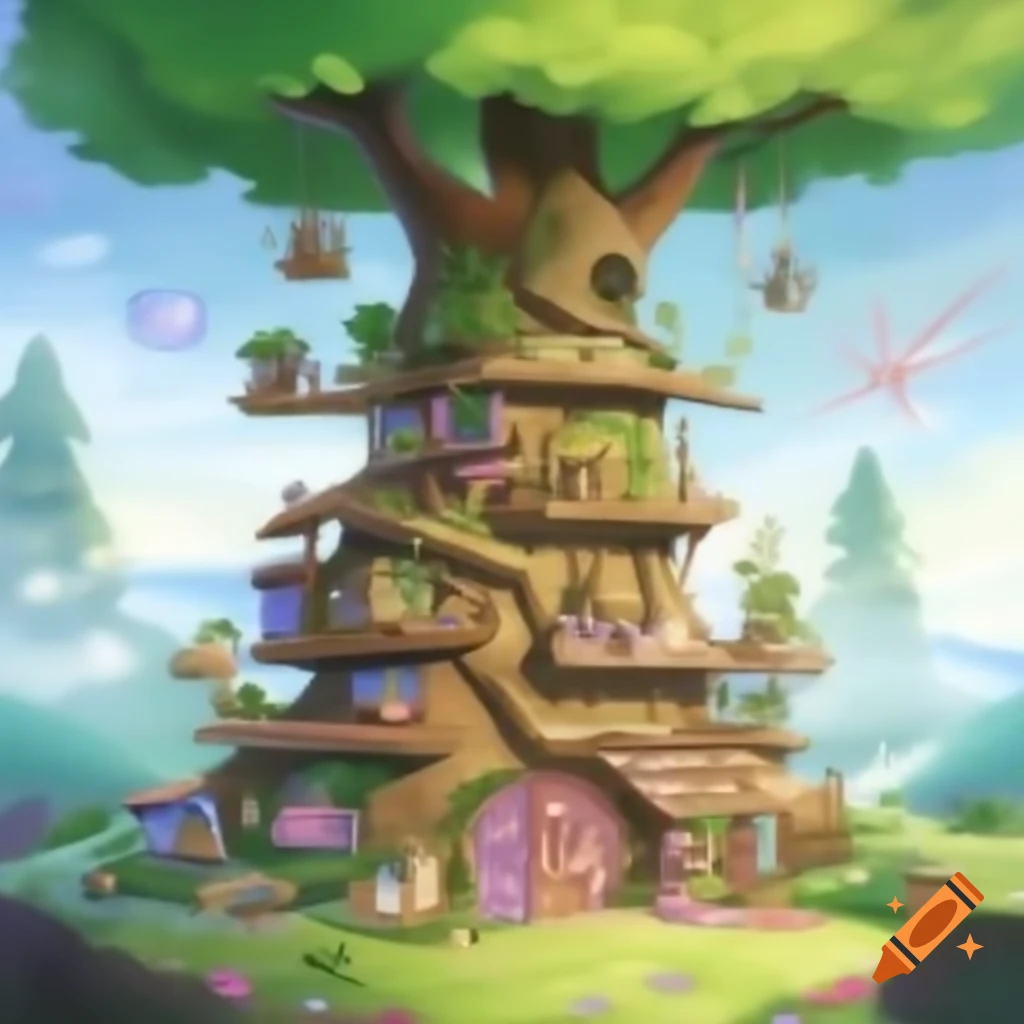 Tall magical tree with rooms in its branches