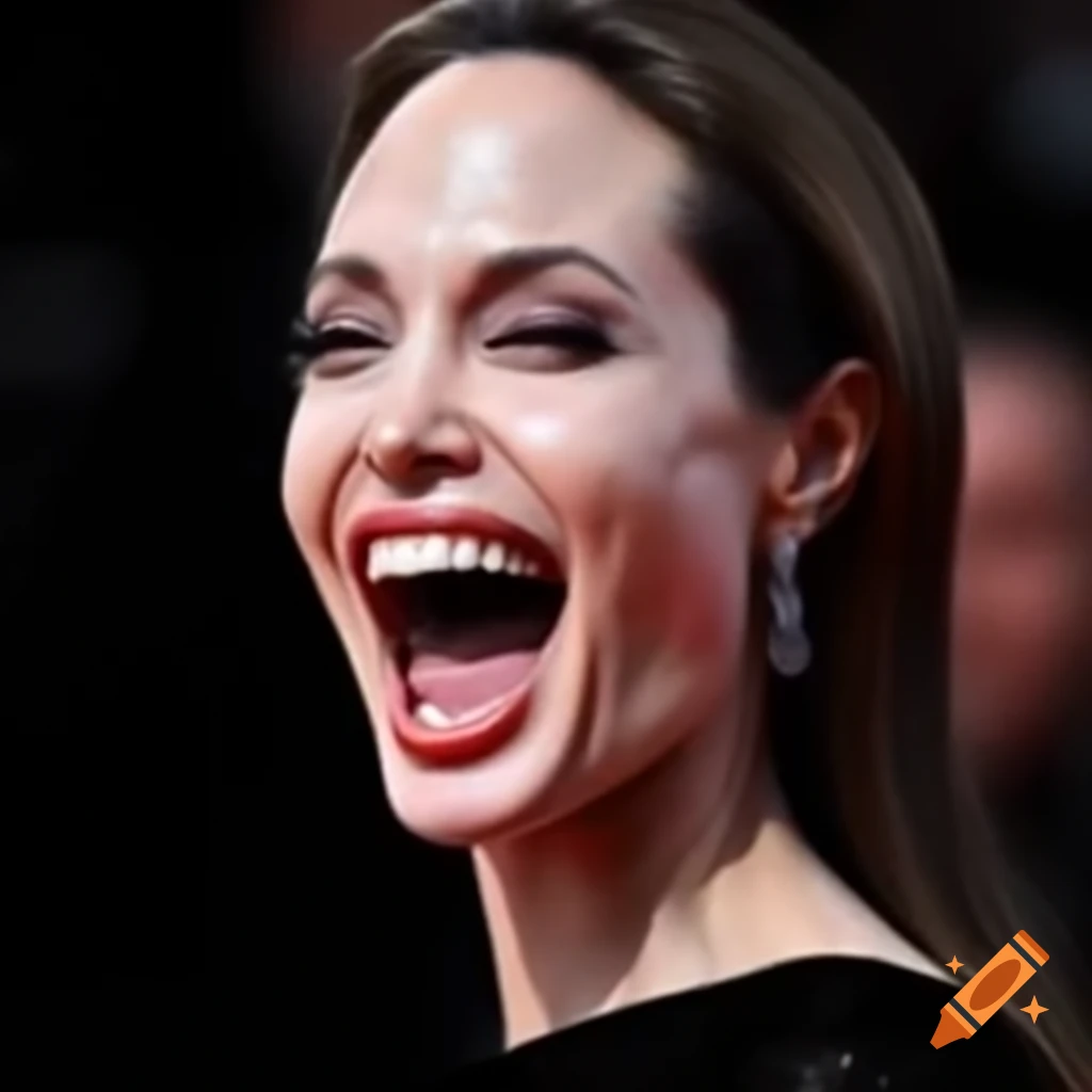 Angelina Jolie laughing joyfully with sparkling eyes and wide mouth
