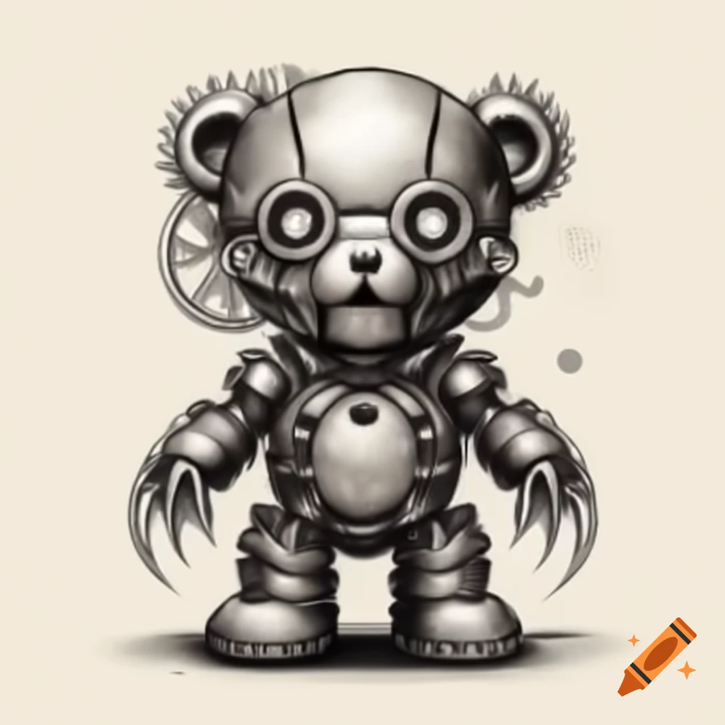Steampunk teddy bear with metal gears and titanium claws, guardian of secrets