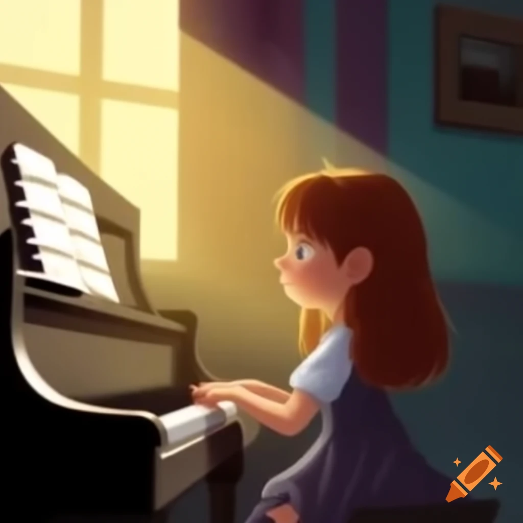 Girl playing piano in soft afternoon light