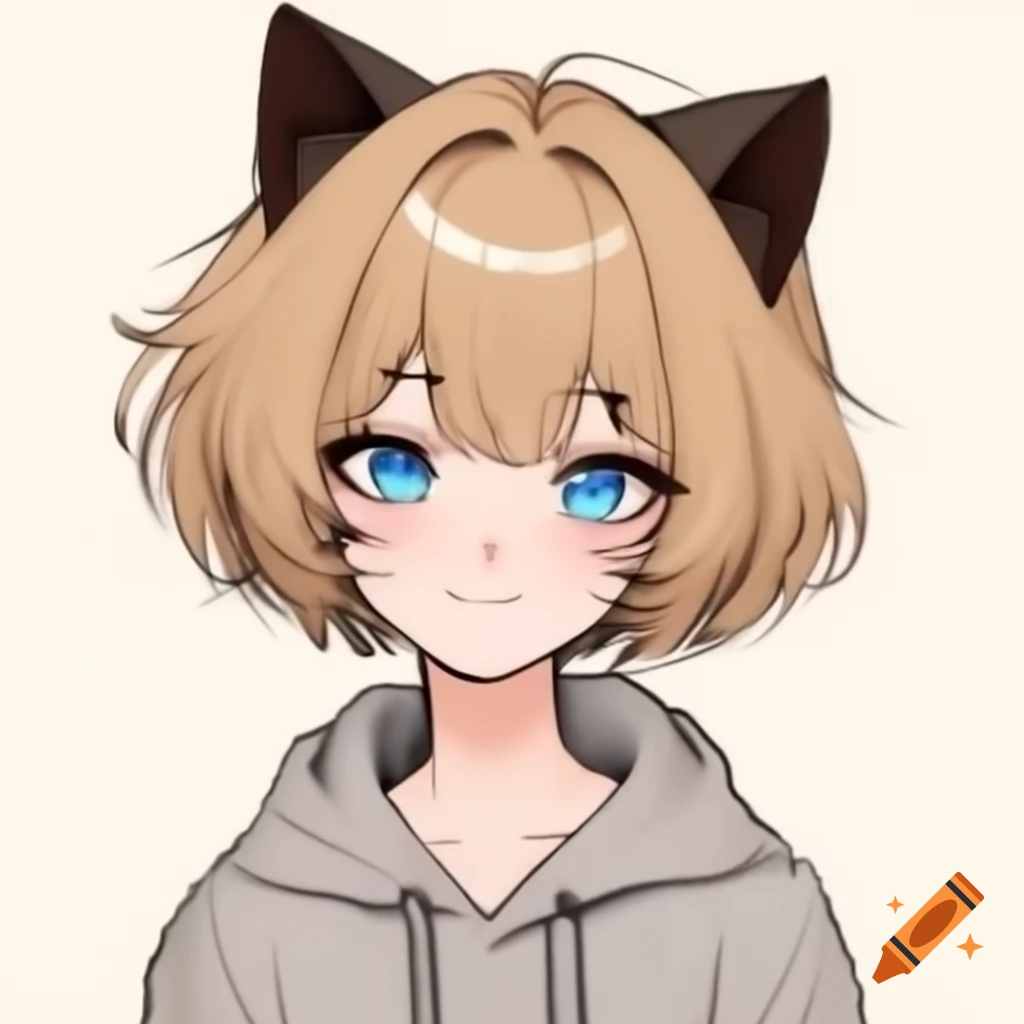 Neko femboy with short scruffy blondish brown hair and blue eyes in a hoodie