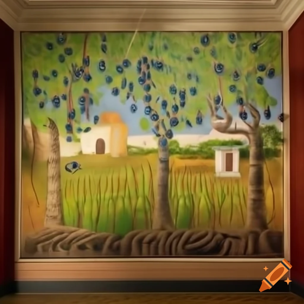 Wall mural featuring forest, winery, villa, and grape fields