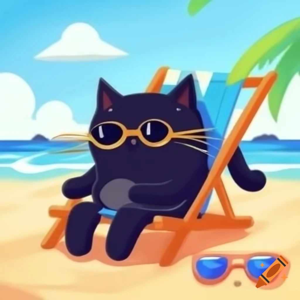 Cartoon black cat on beach chair wearing sunglasses