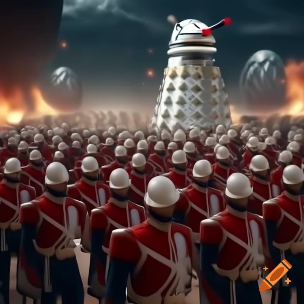 Futuristic troop of Chancellery Guards of Gallifrey in red and white uniforms charging with powers