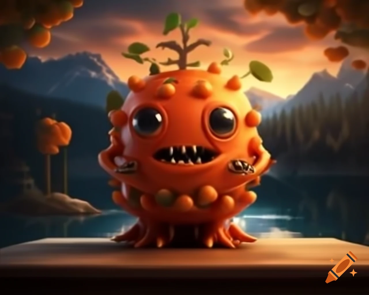 3D orange fruit tree monster with human face on wooden table in forest