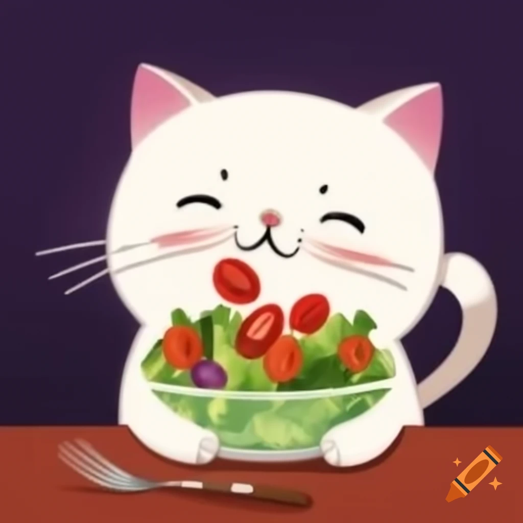 White cat eating emerald salad with tomatoes and onions