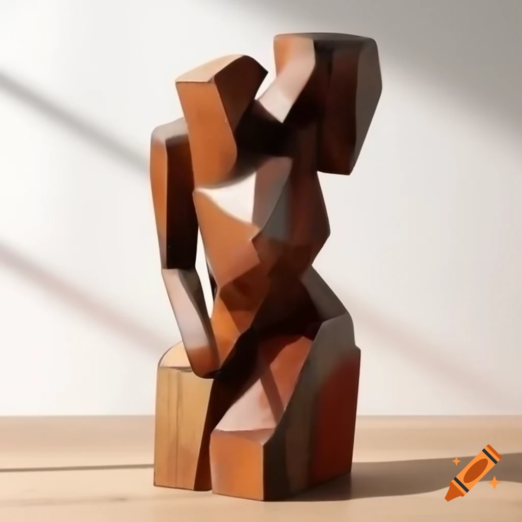 Cubist sculpture of a female figure crafted from rough painted wood