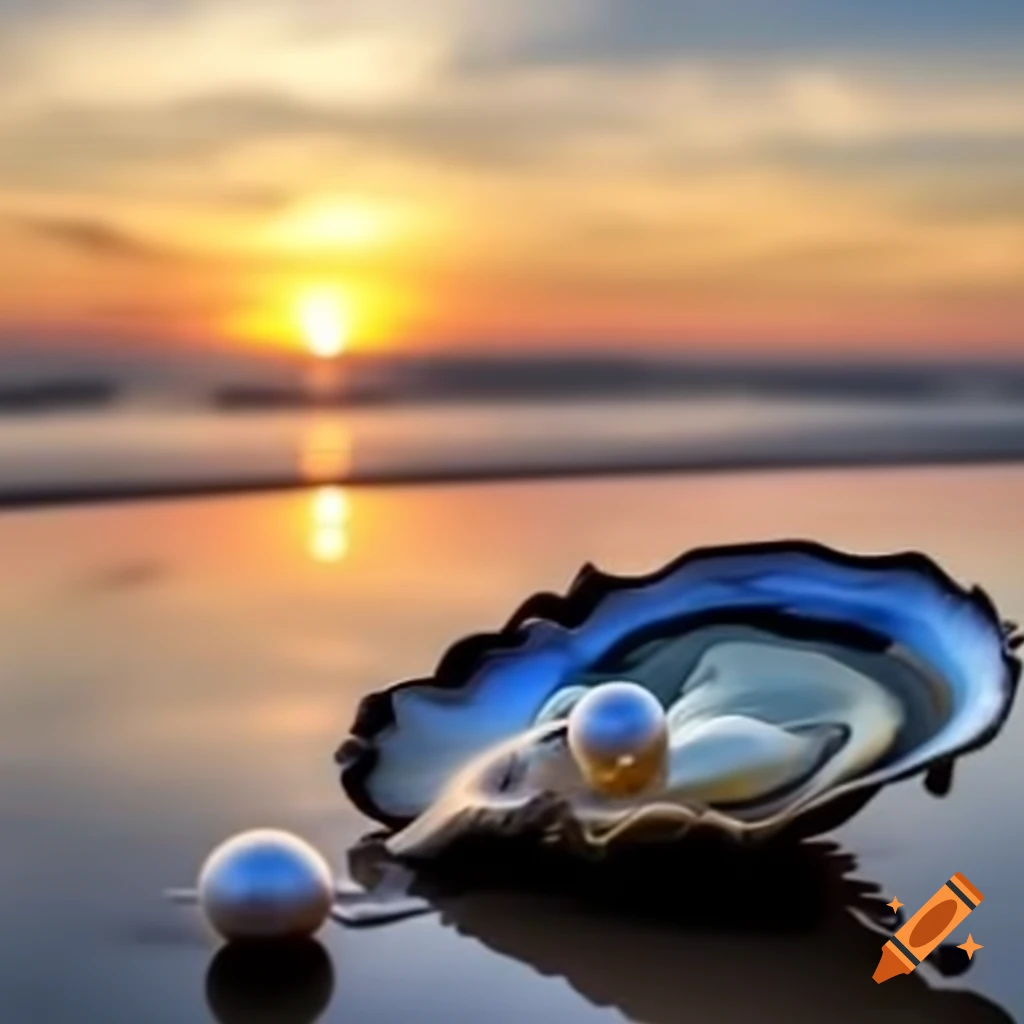 Oyster with pearl on beach during sunset