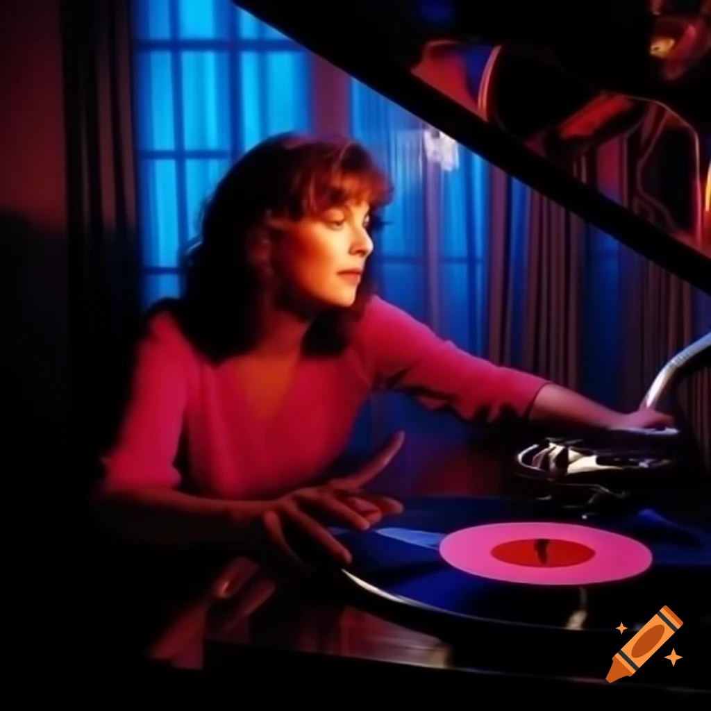 Dreamy scene of jazz singer with ghostly apparition and gramophone in living room with pink and blue lights