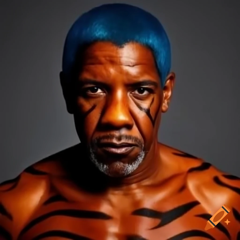 Denzel washington with tiger style makeup featuring blue hair and
