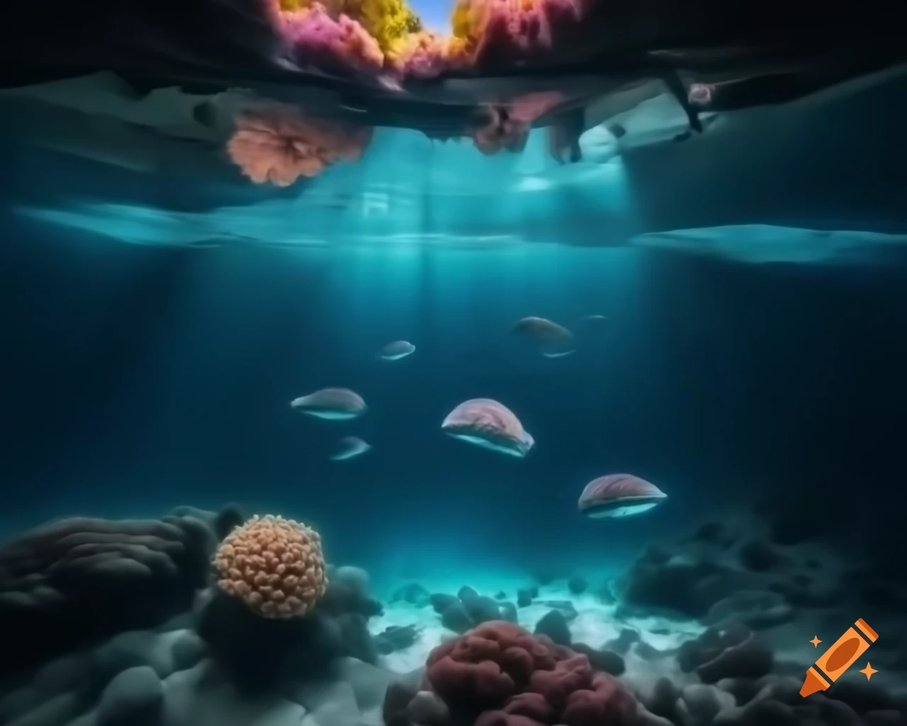 Mystical saltwater lake in the ocean with colorful fish and coral
