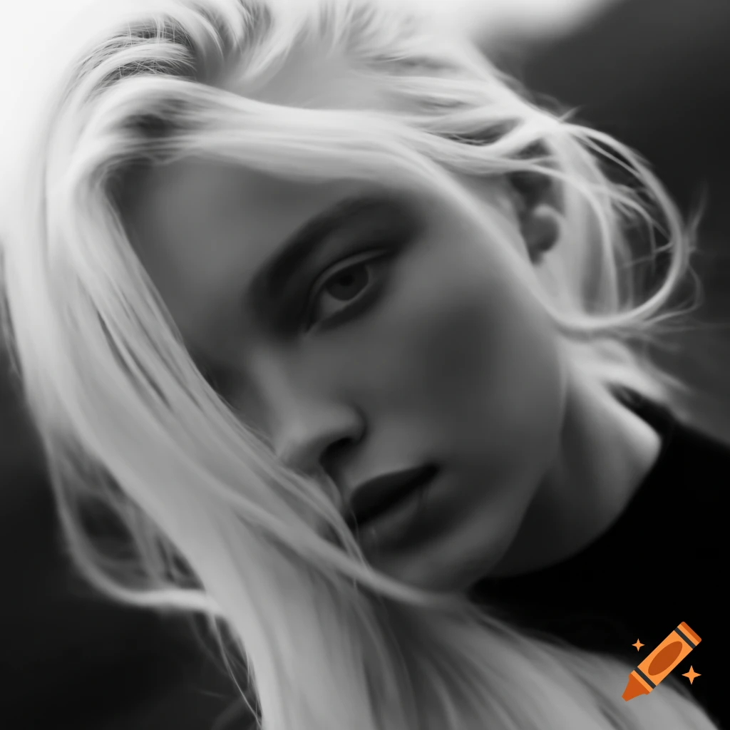 Close-up portrait of blonde woman in fog with flash photography effect