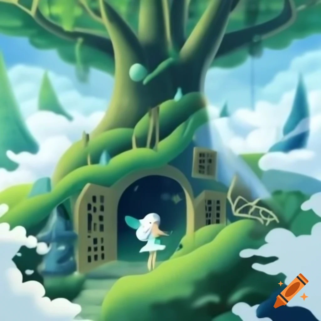 Enchanted tree with carved rooms and green fairy with white hair
