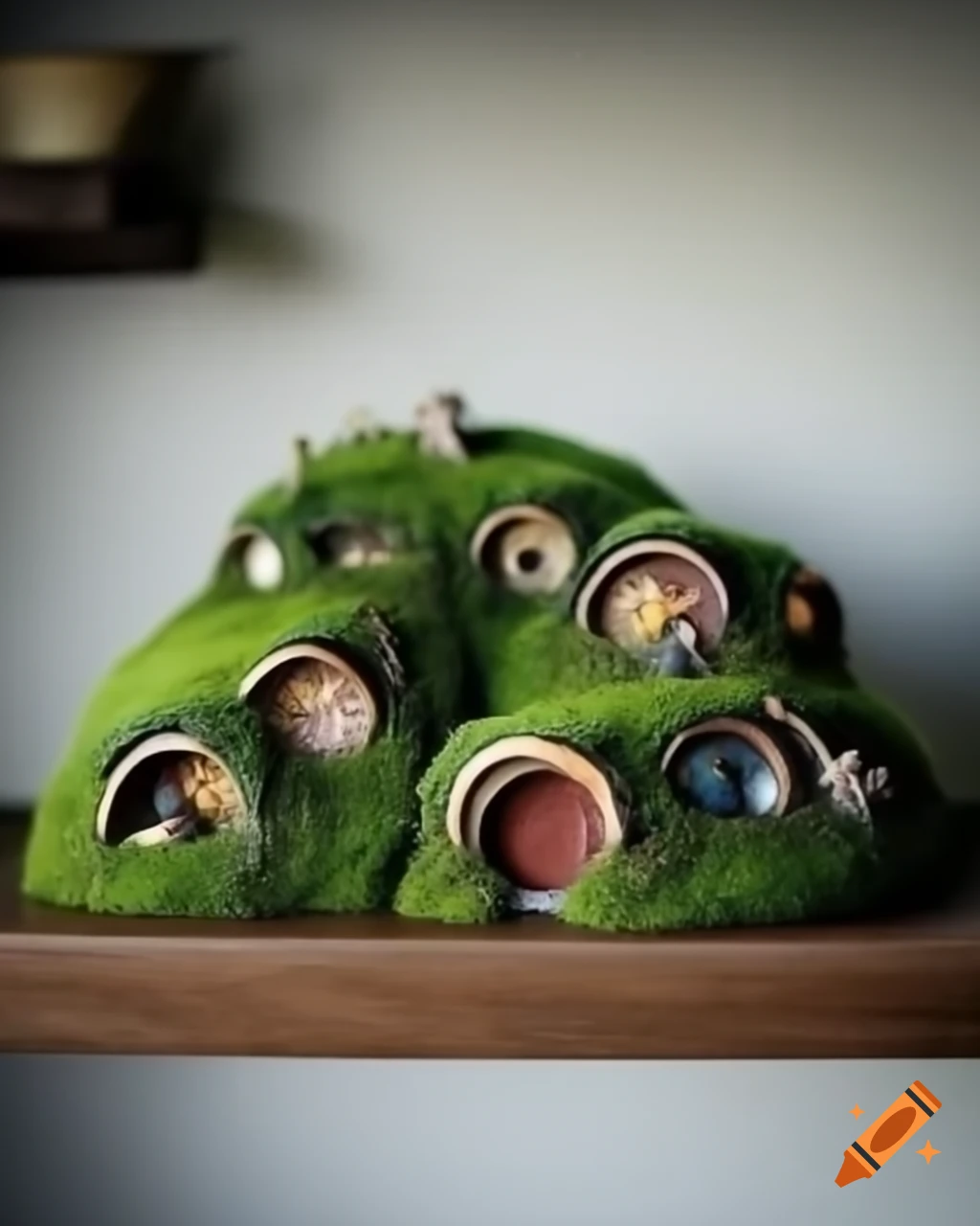Miniature moss-covered hobbit homes on minimalist shelf