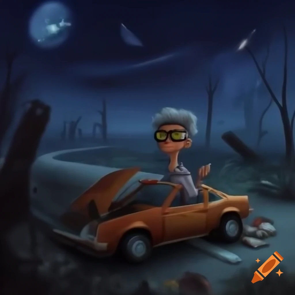 Robin Hamilton Maule fixing a 1970s yellow vehicle in a haunted junkyard at night