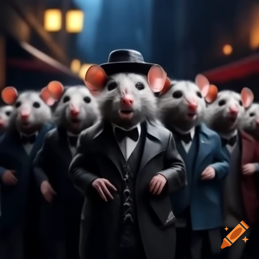 Realistic gangster rats lined up in a rainy night city, smoking cigarettes